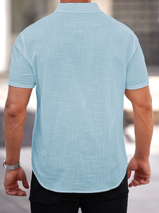 Men's Light Blue Short Sleeve Linen Shirt Solid Casual Breathable Summer Woven Fabric Button Down Collar Pocket Design Banglades - Product Image 2