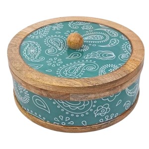 Boîte à chapati en bois de manguier artisanal de haute qualité, revêtement émaillé, imprimé floral, casserole à roti avec couvercle pour la cuisine et la salle à manger - Product Image 3