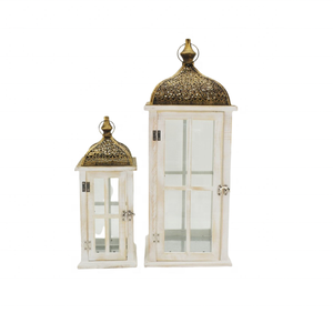 Farol de Madera de Diseño de Lujo en Color Blanco con Parte Superior Metálica Dorada, Resistente al Viento, Decoración Interior y Exterior, Farol Decorativo - Product Image 1