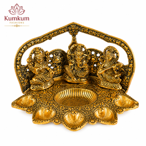 Modelo de Ídolo Metálico Lakshmi Ganesh Saraswati Diya, Chapado en Oro, Hecho a Mano en India, para Decoración de Templo, Pooja, Diwali y Bodas - Product Image 2