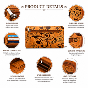 Genuine Leather <b>Embossed</b> Zip Around Wallet for Men Handmade Floral Pattern Multi <b>Card</b> Holder Coin - Product Image 2