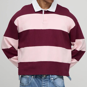 Polo en tricot rayé à manches longues pour homme, grande taille, style rugby décontracté, couleurs contrastées rose et bordeaux, personnalisable en usine - Product Image 1