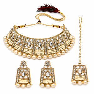 Pendientes de aleación chapados en oro con cristales de imitación y perlas de imitación, estilo vintage para mujer, conjunto de joyería para fiesta de boda - Product Image 1