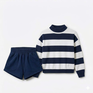 Conjunto de 2 Piezas para Mujer, Sudadera con Cuello Alto a Rayas y Pantalones Cortos con Cordón, Ropa Casual Holgada de Poliéster/Algodón - Product Image 2