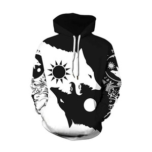 Sudadera con Capucha para Hombre OEM, Diseño de Lobo Blanco y Negro, Estampado de Sol y Luna, Forro Polar, Corte Regular, Estilo Desgastado, Sudadera de Invierno - Product Image 1