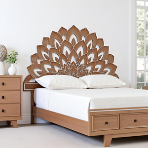 Cabecero de Cama King Size de Madera Tallada a Mano con Diseño de Loto, Acabado Natural Blanqueado, Estilo Boho, Muebles para el Hogar - Product Image 3