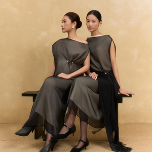 Maxi Robe d'été rayée en organza de soie tissé, simple, ample, à épaules dénudées, avec fente latérale asymétrique, respirante, décontractée, élégante, pour le quotidien, boutonnée - Product Image 1