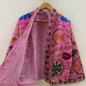 Pink Floral <b>Velvet</b> Suzani Hand Embroidered Bomber Coat <b>Jacket</b> Collared Tailored Winter Wear Breathable Hippie Style - Product Image 1