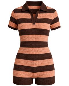 Combinaison en tricot rayée marron chocolat et pêche pour femme, manches courtes, col polo, en coton, décontractée, été, coupe ajustée - Product Image 4