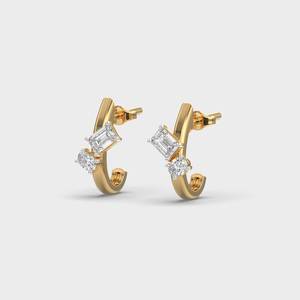 Minimalist Yellow Gold <b>Stud</b> Earrings With Emerald Cut Diamond And Round Diamond Claw Setting Earring For Women's Everyday Wear - Product Image 3