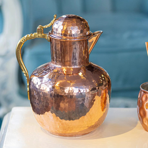 Vintage Hammered Copper Water <b>Jug</b> With Lid And Brass Handle For <b>Drinks</b> Party Use Durable Metal Pitcher - Product Image 1