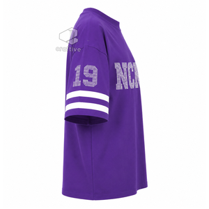 เสื้อยืดผู้หญิง NCNW ประดับเพชรเทียม สีม่วงขาว ลายตัวอักษรกรีก คอกลม แขนลายทาง ทรงหลวม สไตล์ลำลอง พิมพ์ลายกราฟิก - Product Image 3