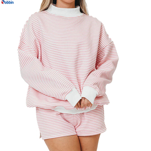 <b>Top</b> Trending Hot Selling Women's Pink Striped 2Pcs Shorts Set <b>Mock</b> <b>Neck</b> Long Sleeve Knitted Casual Loose Fit Spring Summer - Product Image 5