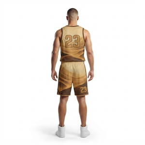 Ensemble short et maillot de basket marron pour homme, sans manches, col en V, imprimé vague abstraite, uniforme de sport personnalisé - Product Image 2