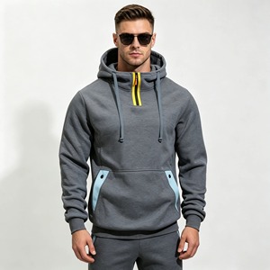 <b>Men's</b> Hooded <b>Sweatshirt</b> <b>Black</b> With Light Blue Pocket Panels Regular Fit Casual Autumn Wear 100% Polyester French Terry 2027 - Product Image 6