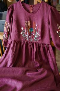 Robe en lin tissé brodée à la main, col rond, manches courtes, taille naturelle, longueur maxi, style bohème, été, vintage, vacances - Product Image 5