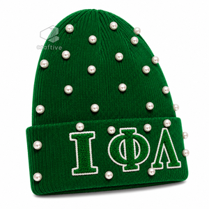 Bonnet en tricot vert orné de perles pour femme de la sororité Iota Phi Lambda, avec lettres grecques brodées en chenille, chapeau d'hiver décontracté - Product Image 2
