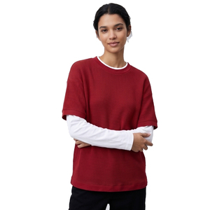 T-shirt gaufré double couche pour femme, manches courtes, couleur unie, col rond, tricoté, décontracté - Product Image 5