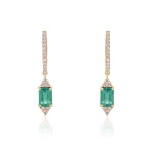 Pendientes de Aro con Diseño Innovador en Forma de Octágono, Esmeralda y Diamante de Corte Redondo, Oro Amarillo Sólido de 14K, Joyería para el Mes de Mayo - Product Image 1