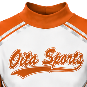 Ensemble uniforme de cheerleading sublimé orange et blanc à manches longues avec jupe plissée pour l'entraînement et la performance des équipes sportives - Product Image 5