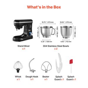 Batteur sur socle avec 2 bols en acier inoxydable de 5,3 et 4,4 litres, 10+ vitesses, tête inclinable, crochet pétrisseur, fouet métallique, mélangeur de cuisine - Product Image 3