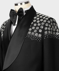 Men’s Black Floral Embellished Tuxedo <b>Blazer</b> – Designer Shawl Lapel Wedding & Party Suit Jacket - Product Image 3