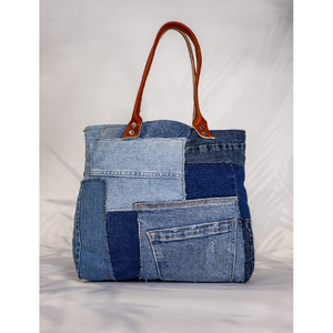 Sac fourre-tout en denim de coton épais cousu main, directement de l'usine, avec poignées en cuir, OEM ODM - Product Image 1