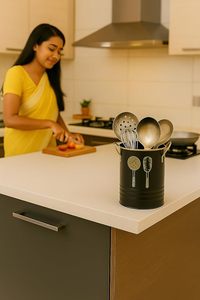 Porte-ustensiles cylindrique en métal noir avec cuillères et spatules pour le rangement de cuisine - Product Image 5