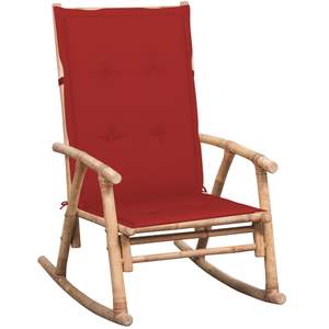 Chaise à bascule en bambou naturel avec coussin en polyester rouge - Product Image 1