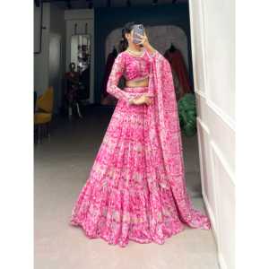 Atractivo conjunto Rosa Georgette Lehenga Choli con estampado tradicional de mujer Dupatta - Product Image 3
