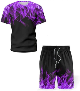 Ensemble t-shirt et short pour homme, imprimé noir fumé, col rond, séchage rapide, vêtements décontractés d'été, impression numérique, polyester tricoté - Product Image 2