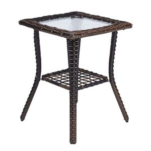 Brown Outdoor Wicker Side Table with Glass Top Rattan End Table for Patio Indoor Garden Porch Balcony-Coffee Bistro Table - Product Image 4