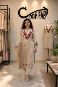 Conjunto de Kurti Étnico para Mujer, de Algodón Khadi, Corte Regular, Estampado Digital, Bordado Floral, Manga Larga, Top Midi, Pantalones, Dupatta, Casual - Product Image 5