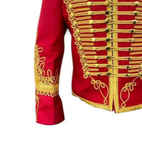 Chaqueta de Verano para Hombre, Estampada en Rojo, Estilo Hussar, con Bordado Dorado en la Parte Delantera, Cuello Alto, Ajustada, Manga Larga, 100% Poliéster