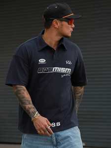 Polo à manches courtes pour homme avec imprimé lettres, bleu marine, été - Product Image 4