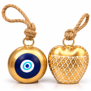Ensemble de trois clochettes en métal doré d'inspiration patrimoniale avec emblèmes d'œil de Nazar bleus, dessus bombés et suspendoirs en jute tressé - Product Image 5
