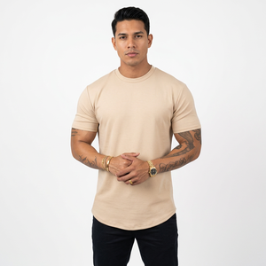 Camiseta de Manga Corta para Hombre, Cuello Redondo, Color Beige, Corte Ajustado, Color Sólido, Informal, de Algodón Tejido - Product Image 6