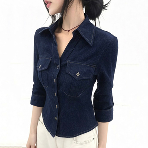 Chemise en jean pour femme, coupe droite, manches longues, col rabattu, boutonnée, décontractée, pour le bureau, automne, style vintage, effet amincissant - Product Image 5