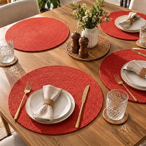 Round Cotton Red Braided <b>Place</b> <b>Mat</b> Washable Home Use Simple Solid Pattern - Product Image 4