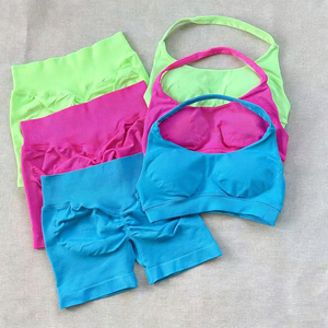 Conjuntos Deportivos Personalizados al por Mayor, sin Costuras, para Fitness, Running y Entrenamiento, de Color Sólido, Alta Elasticidad, Secado Rápido, Transpirables, con Cuello Halter y Top Corto - Product Image 2