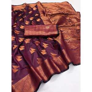 DESIGNER SOIE DOUCE CUIVRE JARI TISSER TRAVAIL SAREE AVEC BLOUSE NON COUCHÉE VIN - Product Image 1