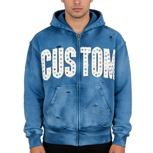 Sweat à capuche zippé personnalisé brodé pour homme, 100 % coton, coupe oversize, effet vieilli, strass, épais, hiver, sans cordon de serrage, streetwear - Product Image 1