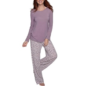 Pijamas de Manga Larga para Mujer, OEM, Spandex/Algodón, Tejido Transpirable, Suave, con Cordón Ajustable, Trajes de Dormir Sólidos para Invierno - Product Image 3