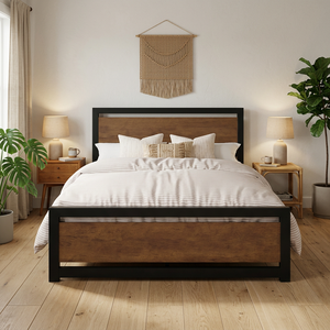 Queen Industrial Modern Solid Wood and <b>Black</b> Metal Platform <b>Bed</b> with Headboard - Product Image 5