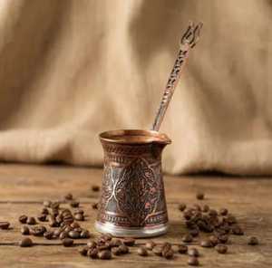 Gold Printed Turkish <b>Coffee</b> Pot Cezve Floral Patterned <b>Stovetop</b> Ibrik <b>Coffee</b> <b>Maker</b> with Lid and Light Wooden Handle for Cafe - Product Image 3