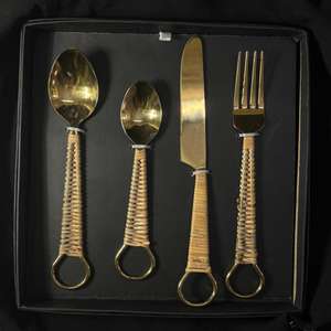 Stainless Steel Gold PVD coated <b>Flatware</b> Set of 4 Cutlery Spoon Fork Knife Rattan Handle Classic Wedding Rental Cutlery - Product Image 6