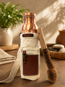 Middle Etching Copper Water <b>Bottle</b> With <b>Cleaning</b> <b>Brush</b> Portable Travel Drinkware Minimalist Design Beige Canvas Carry Bag - Product Image 3