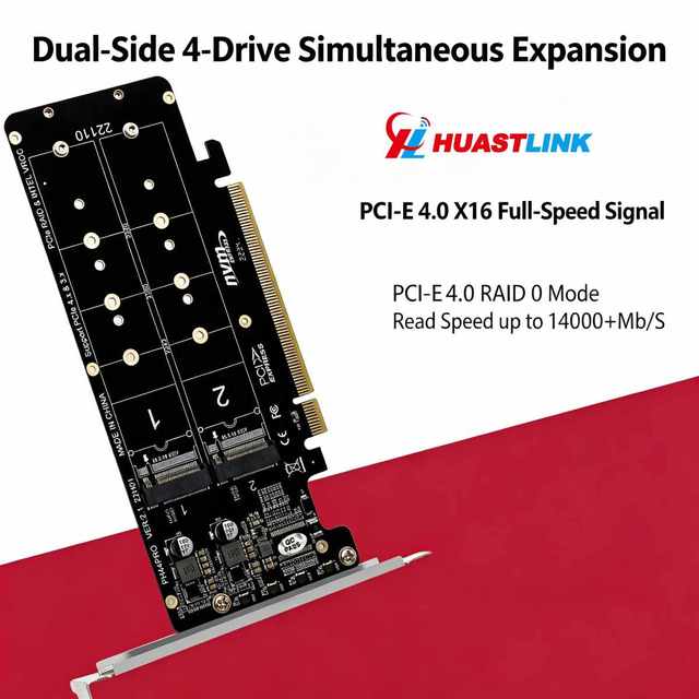 HUASTLINK HC-PH44 PRO 4-Port M.2 NVMe PCIe 4.0 X16 RAID Controller with M-Key Split Card for 2230/2242/2260/2280 SSDs Brand New