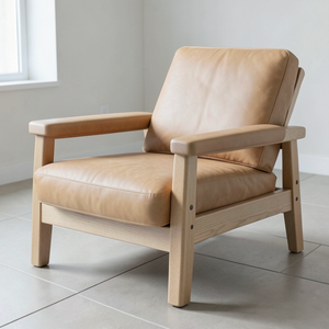 Premium Solid Wood Lounge Chair with Genuine Cowhide Leather Upholstery Real Cow Leather Armchair for Living Room Seating - Product Image 1