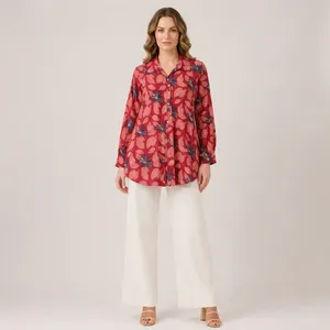 Women <b>Red</b> Floral Printed Cotton Kurti Shirt Collar Full Sleeve Loose Fit Casual Tunic Top Ethnic Everyday Wear Elegant Outfit - Product Image 1